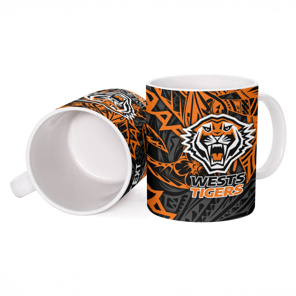 Personalized Wests Tigers Rugby Ceramic Mug Polynesian Tribal Tiger Warrior - Orange Black Art
