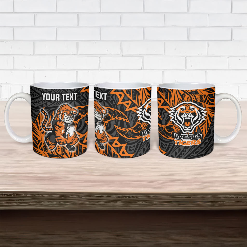 Personalized Wests Tigers Rugby Ceramic Mug Polynesian Tribal Tiger Warrior - Orange Black Art