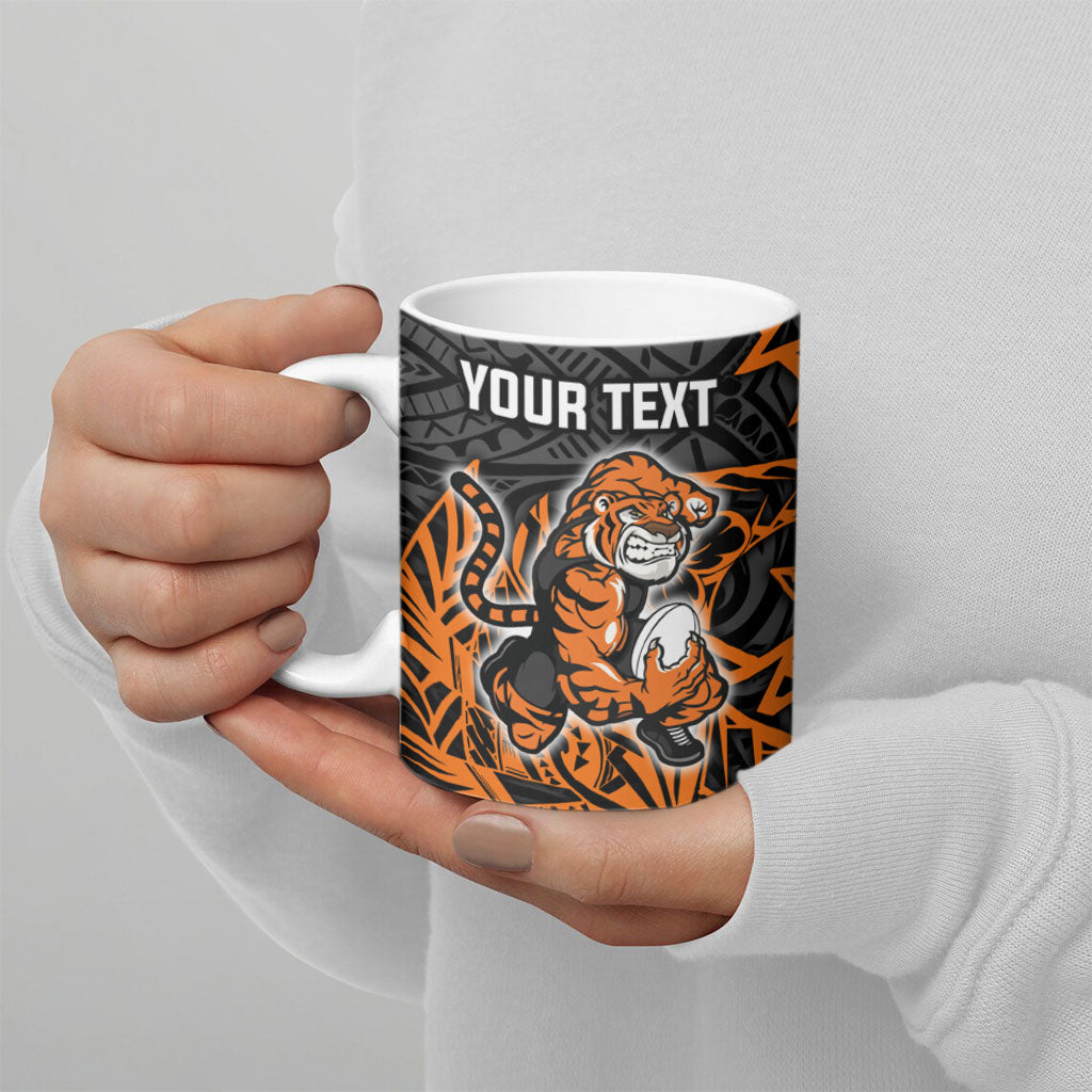 Personalized Wests Tigers Rugby Ceramic Mug Polynesian Tribal Tiger Warrior - Orange Black Art