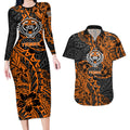Personalized Wests Tigers Rugby Couples Matching Long Sleeve Bodycon Dress and Hawaiian Shirt Polynesian Tribal Tiger Warrior - Orange Black Art