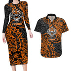 Personalized Wests Tigers Rugby Couples Matching Long Sleeve Bodycon Dress and Hawaiian Shirt Polynesian Tribal Tiger Warrior - Orange Black Art