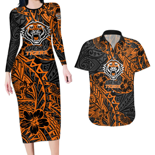 Personalized Wests Tigers Rugby Couples Matching Long Sleeve Bodycon Dress and Hawaiian Shirt Polynesian Tribal Tiger Warrior - Orange Black Art