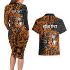 Personalized Wests Tigers Rugby Couples Matching Long Sleeve Bodycon Dress and Hawaiian Shirt Polynesian Tribal Tiger Warrior - Orange Black Art