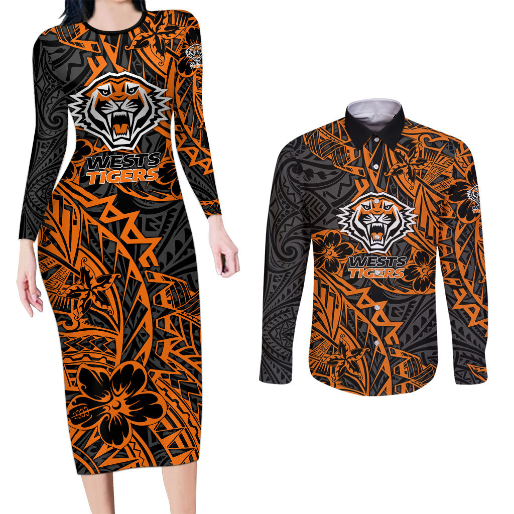 Personalized Wests Tigers Rugby Couples Matching Long Sleeve Bodycon Dress and Long Sleeve Button Shirt Polynesian Tribal Tiger Warrior - Orange Black Art