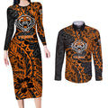 Personalized Wests Tigers Rugby Couples Matching Long Sleeve Bodycon Dress and Long Sleeve Button Shirt Polynesian Tribal Tiger Warrior - Orange Black Art