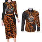 Personalized Wests Tigers Rugby Couples Matching Long Sleeve Bodycon Dress and Long Sleeve Button Shirt Polynesian Tribal Tiger Warrior - Orange Black Art