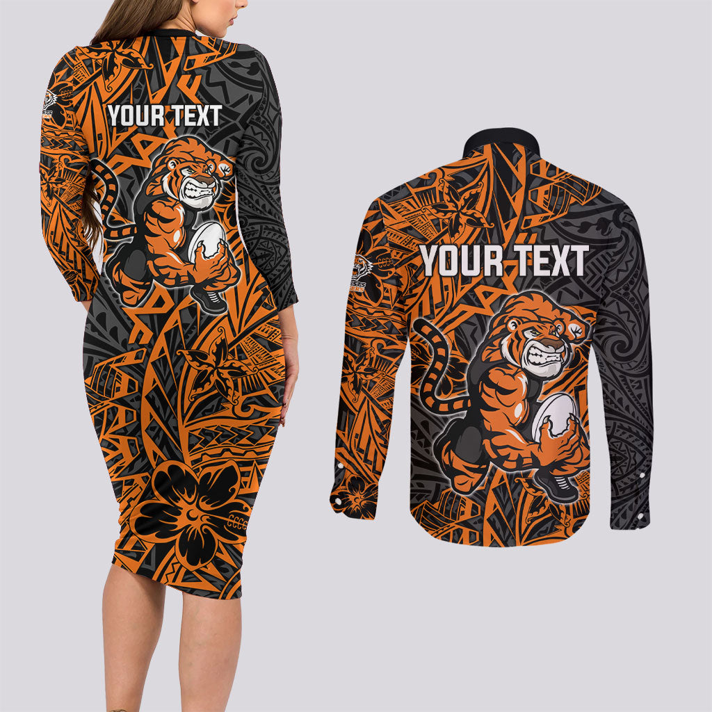 Personalized Wests Tigers Rugby Couples Matching Long Sleeve Bodycon Dress and Long Sleeve Button Shirt Polynesian Tribal Tiger Warrior - Orange Black Art