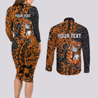 Personalized Wests Tigers Rugby Couples Matching Long Sleeve Bodycon Dress and Long Sleeve Button Shirt Polynesian Tribal Tiger Warrior - Orange Black Art
