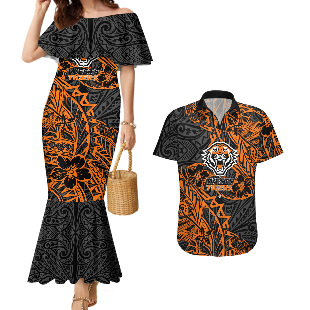 Personalized Wests Tigers Rugby Couples Matching Mermaid Dress and Hawaiian Shirt Polynesian Tribal Tiger Warrior - Orange Black Art