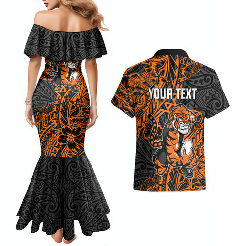 Personalized Wests Tigers Rugby Couples Matching Mermaid Dress and Hawaiian Shirt Polynesian Tribal Tiger Warrior - Orange Black Art