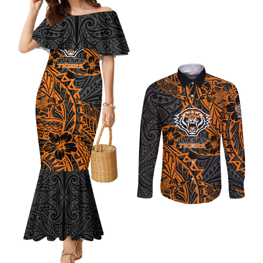 Personalized Wests Tigers Rugby Couples Matching Mermaid Dress and Long Sleeve Button Shirt Polynesian Tribal Tiger Warrior - Orange Black Art