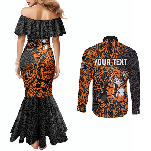 Personalized Wests Tigers Rugby Couples Matching Mermaid Dress and Long Sleeve Button Shirt Polynesian Tribal Tiger Warrior - Orange Black Art
