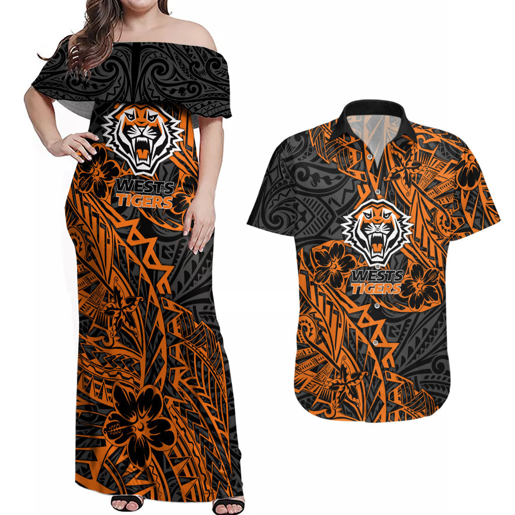 Personalized Wests Tigers Rugby Couples Matching Off Shoulder Maxi Dress and Hawaiian Shirt Polynesian Tribal Tiger Warrior - Orange Black Art