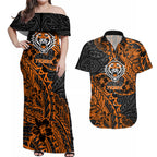 Personalized Wests Tigers Rugby Couples Matching Off Shoulder Maxi Dress and Hawaiian Shirt Polynesian Tribal Tiger Warrior - Orange Black Art