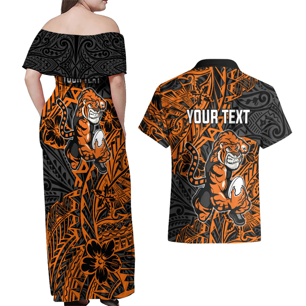 Personalized Wests Tigers Rugby Couples Matching Off Shoulder Maxi Dress and Hawaiian Shirt Polynesian Tribal Tiger Warrior - Orange Black Art