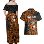 Personalized Wests Tigers Rugby Couples Matching Off Shoulder Maxi Dress and Hawaiian Shirt Polynesian Tribal Tiger Warrior - Orange Black Art