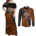 Personalized Wests Tigers Rugby Couples Matching Off Shoulder Maxi Dress and Long Sleeve Button Shirt Polynesian Tribal Tiger Warrior - Orange Black Art