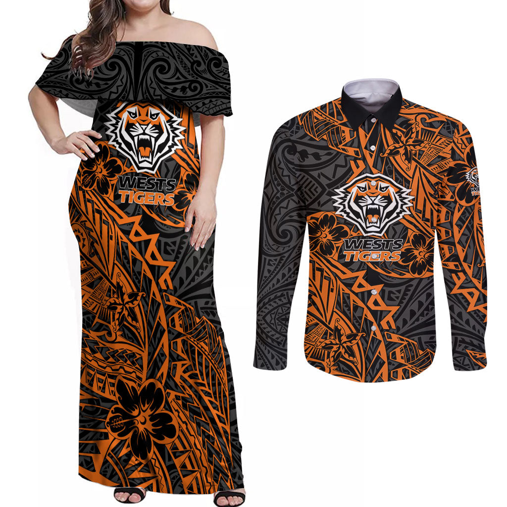 Personalized Wests Tigers Rugby Couples Matching Off Shoulder Maxi Dress and Long Sleeve Button Shirt Polynesian Tribal Tiger Warrior - Orange Black Art