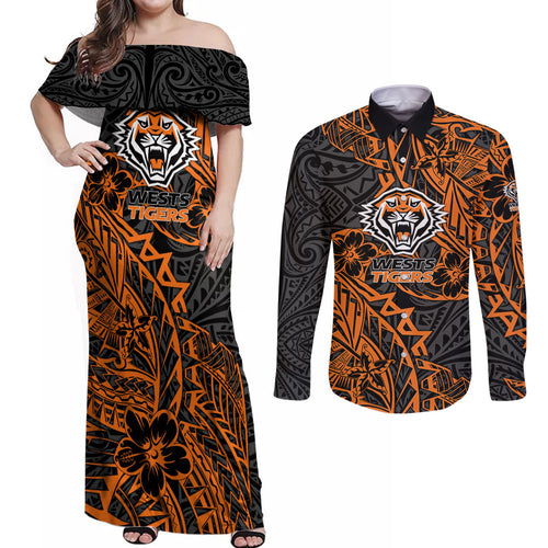 Personalized Wests Tigers Rugby Couples Matching Off Shoulder Maxi Dress and Long Sleeve Button Shirt Polynesian Tribal Tiger Warrior - Orange Black Art