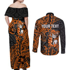 Personalized Wests Tigers Rugby Couples Matching Off Shoulder Maxi Dress and Long Sleeve Button Shirt Polynesian Tribal Tiger Warrior - Orange Black Art