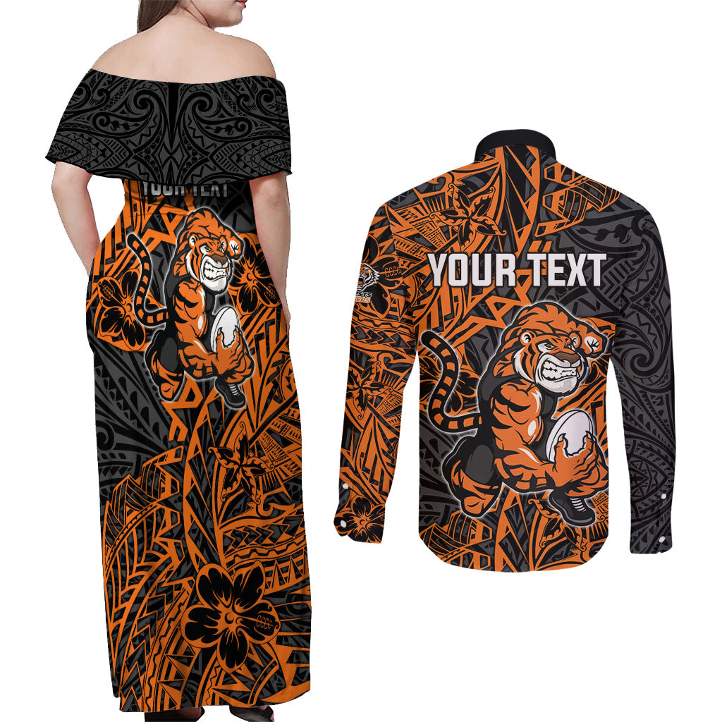 Personalized Wests Tigers Rugby Couples Matching Off Shoulder Maxi Dress and Long Sleeve Button Shirt Polynesian Tribal Tiger Warrior - Orange Black Art