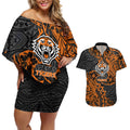 Personalized Wests Tigers Rugby Couples Matching Off Shoulder Short Dress and Hawaiian Shirt Polynesian Tribal Tiger Warrior - Orange Black Art