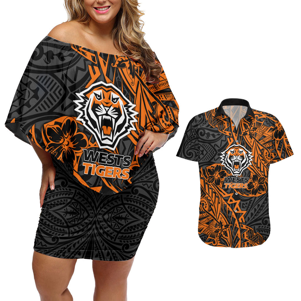 Personalized Wests Tigers Rugby Couples Matching Off Shoulder Short Dress and Hawaiian Shirt Polynesian Tribal Tiger Warrior - Orange Black Art