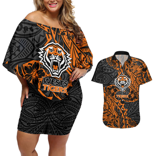 Personalized Wests Tigers Rugby Couples Matching Off Shoulder Short Dress and Hawaiian Shirt Polynesian Tribal Tiger Warrior - Orange Black Art
