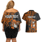 Personalized Wests Tigers Rugby Couples Matching Off Shoulder Short Dress and Hawaiian Shirt Polynesian Tribal Tiger Warrior - Orange Black Art