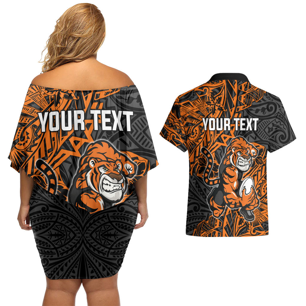 Personalized Wests Tigers Rugby Couples Matching Off Shoulder Short Dress and Hawaiian Shirt Polynesian Tribal Tiger Warrior - Orange Black Art