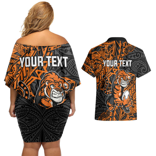 Personalized Wests Tigers Rugby Couples Matching Off Shoulder Short Dress and Hawaiian Shirt Polynesian Tribal Tiger Warrior - Orange Black Art