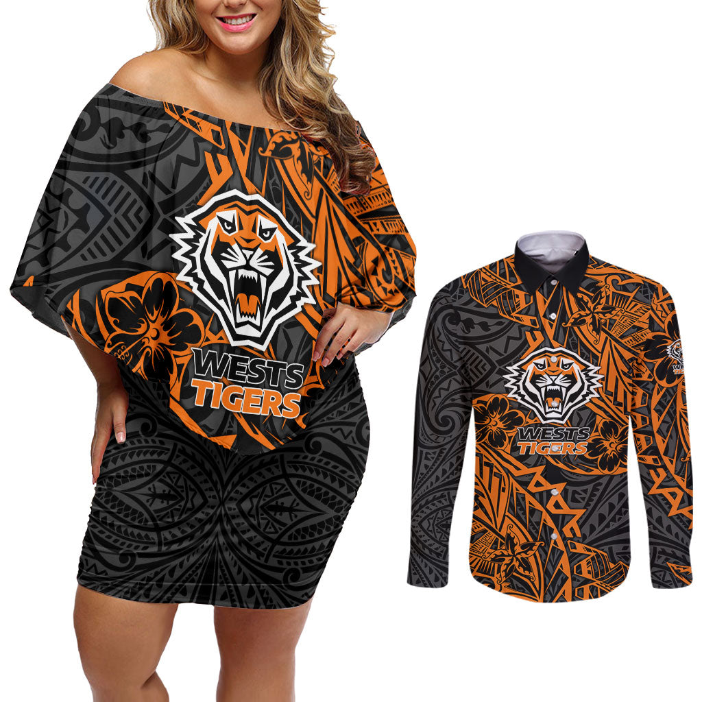 Personalized Wests Tigers Rugby Couples Matching Off Shoulder Short Dress and Long Sleeve Button Shirt Polynesian Tribal Tiger Warrior - Orange Black Art