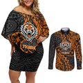 Personalized Wests Tigers Rugby Couples Matching Off Shoulder Short Dress and Long Sleeve Button Shirt Polynesian Tribal Tiger Warrior - Orange Black Art