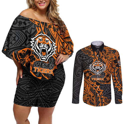 Personalized Wests Tigers Rugby Couples Matching Off Shoulder Short Dress and Long Sleeve Button Shirt Polynesian Tribal Tiger Warrior - Orange Black Art