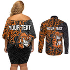 Personalized Wests Tigers Rugby Couples Matching Off Shoulder Short Dress and Long Sleeve Button Shirt Polynesian Tribal Tiger Warrior - Orange Black Art