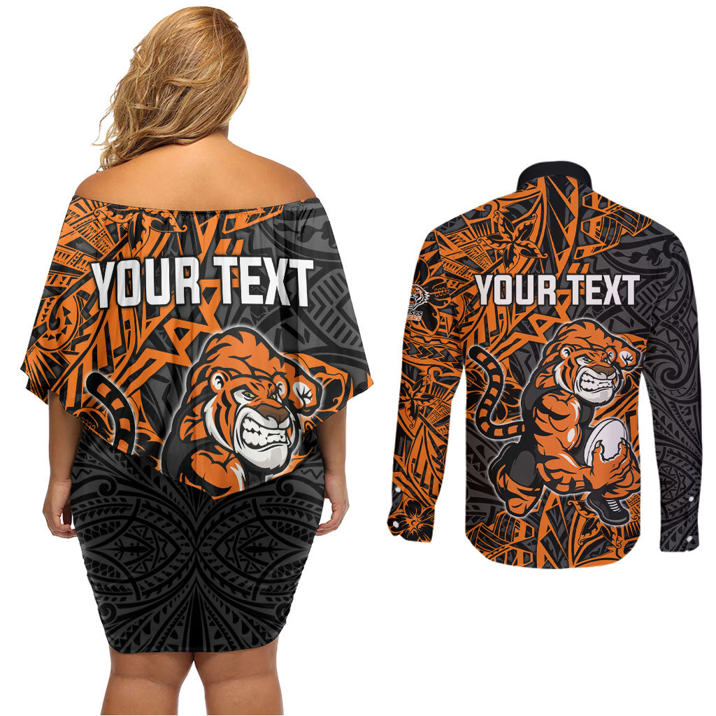 Personalized Wests Tigers Rugby Couples Matching Off Shoulder Short Dress and Long Sleeve Button Shirt Polynesian Tribal Tiger Warrior - Orange Black Art