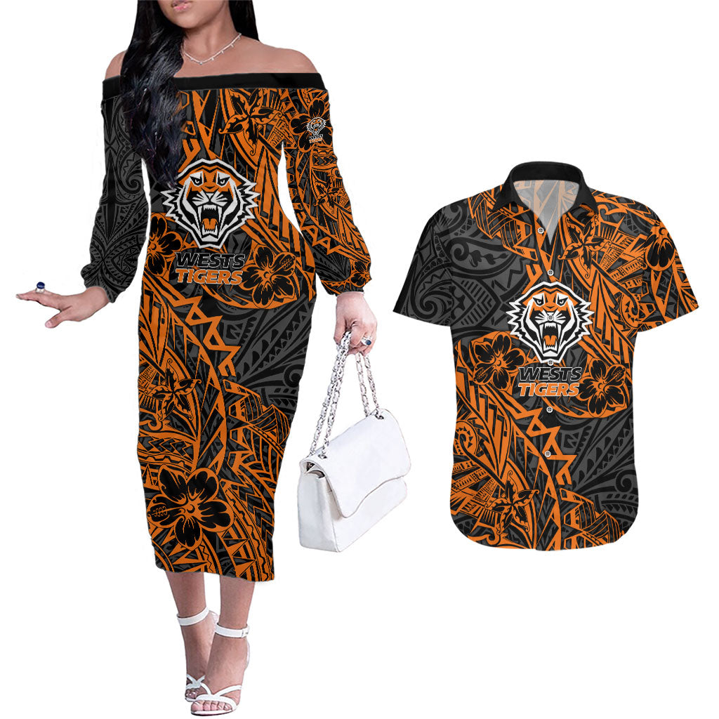 Personalized Wests Tigers Rugby Couples Matching Off The Shoulder Long Sleeve Dress and Hawaiian Shirt Polynesian Tribal Tiger Warrior - Orange Black Art