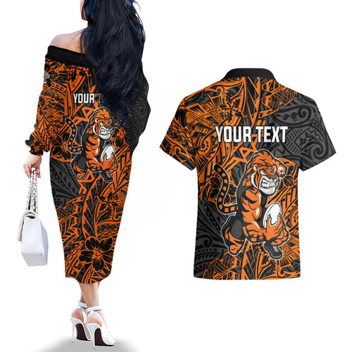 Personalized Wests Tigers Rugby Couples Matching Off The Shoulder Long Sleeve Dress and Hawaiian Shirt Polynesian Tribal Tiger Warrior - Orange Black Art