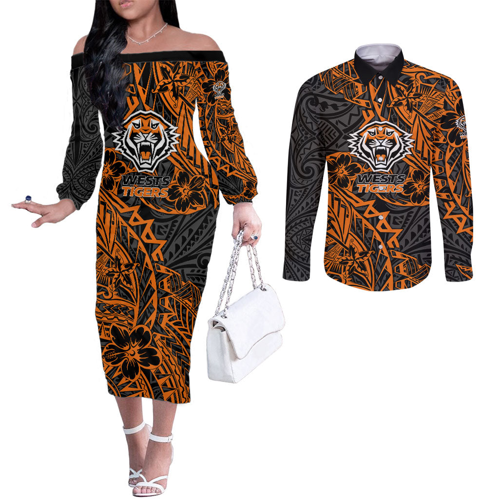 Personalized Wests Tigers Rugby Couples Matching Off The Shoulder Long Sleeve Dress and Long Sleeve Button Shirt Polynesian Tribal Tiger Warrior - Orange Black Art