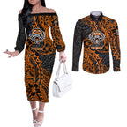 Personalized Wests Tigers Rugby Couples Matching Off The Shoulder Long Sleeve Dress and Long Sleeve Button Shirt Polynesian Tribal Tiger Warrior - Orange Black Art