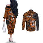 Personalized Wests Tigers Rugby Couples Matching Off The Shoulder Long Sleeve Dress and Long Sleeve Button Shirt Polynesian Tribal Tiger Warrior - Orange Black Art