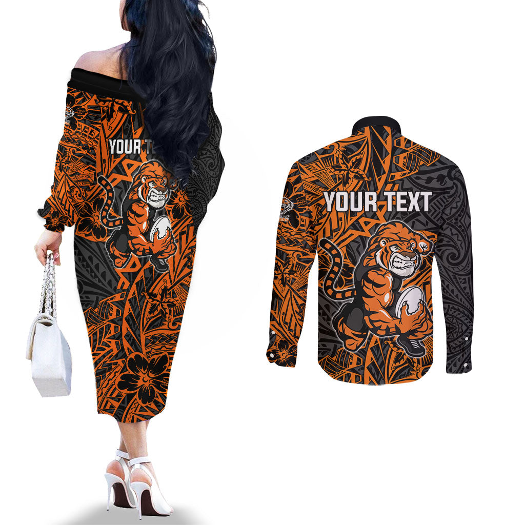 Personalized Wests Tigers Rugby Couples Matching Off The Shoulder Long Sleeve Dress and Long Sleeve Button Shirt Polynesian Tribal Tiger Warrior - Orange Black Art