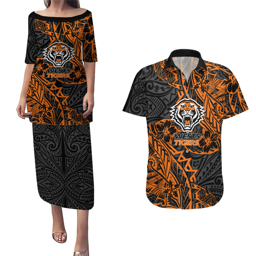Personalized Wests Tigers Rugby Couples Matching Puletasi and Hawaiian Shirt Polynesian Tribal Tiger Warrior - Orange Black Art