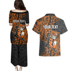 Personalized Wests Tigers Rugby Couples Matching Puletasi and Hawaiian Shirt Polynesian Tribal Tiger Warrior - Orange Black Art