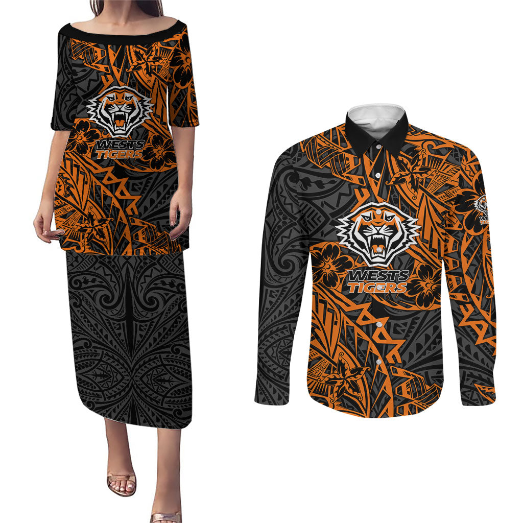 Personalized Wests Tigers Rugby Couples Matching Puletasi and Long Sleeve Button Shirt Polynesian Tribal Tiger Warrior - Orange Black Art