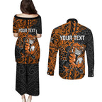 Personalized Wests Tigers Rugby Couples Matching Puletasi and Long Sleeve Button Shirt Polynesian Tribal Tiger Warrior - Orange Black Art