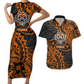 Personalized Wests Tigers Rugby Couples Matching Short Sleeve Bodycon Dress and Hawaiian Shirt Polynesian Tribal Tiger Warrior - Orange Black Art