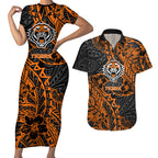 Personalized Wests Tigers Rugby Couples Matching Short Sleeve Bodycon Dress and Hawaiian Shirt Polynesian Tribal Tiger Warrior - Orange Black Art