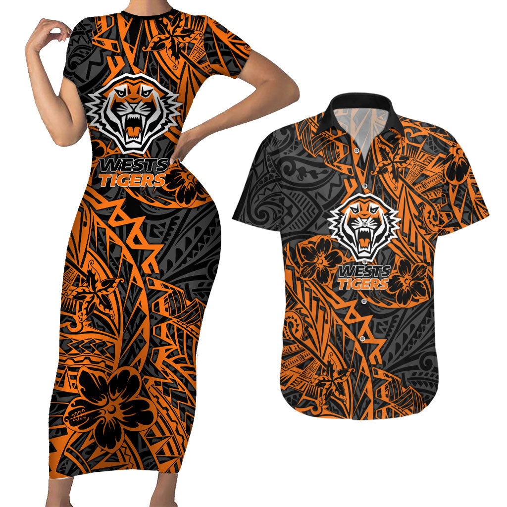 Personalized Wests Tigers Rugby Couples Matching Short Sleeve Bodycon Dress and Hawaiian Shirt Polynesian Tribal Tiger Warrior - Orange Black Art