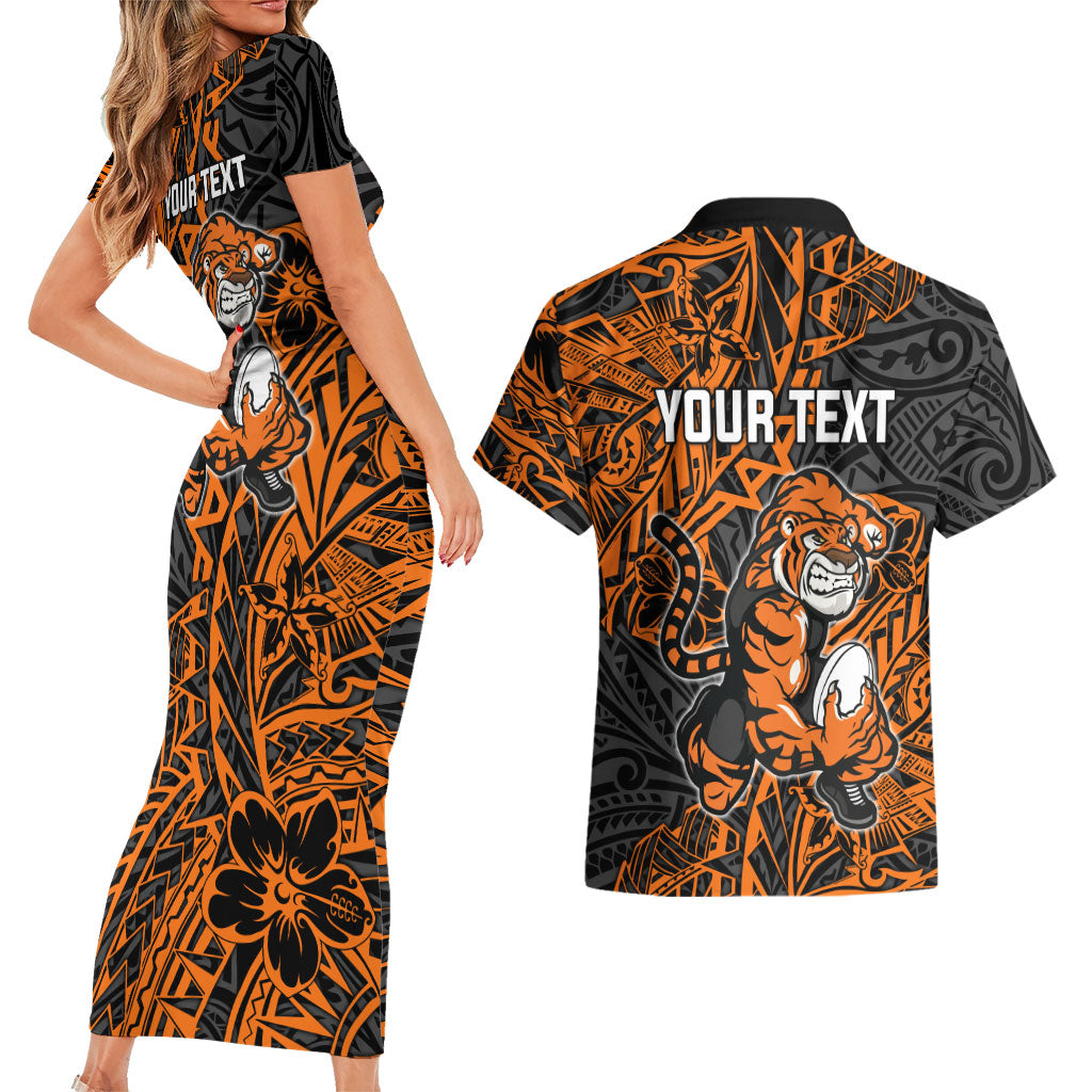 Personalized Wests Tigers Rugby Couples Matching Short Sleeve Bodycon Dress and Hawaiian Shirt Polynesian Tribal Tiger Warrior - Orange Black Art